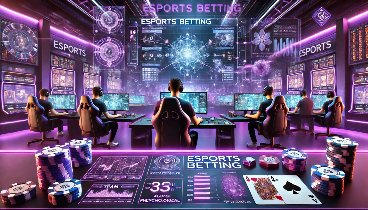 A futuristic esports betting scene with a strong purple\-themed Spielothek atmosphere\. The image features a high\-tech esports arena with professional gamers focused on their screens, surrounded by digital betting interfaces and holographic charts displaying team statistics, player performance, and psychological insights\. Neon purple lighting highlights the energy of the environment\. In the background, Spielothek elements such as poker chips, playing cards, and Spielautomat machines subtly merge with esports visuals, symbolizing the fusion of competitive gaming and betting\. The overall look is modern, vibrant, and high\-tech, capturing the essence of esports betting\.